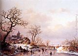 Famous Winter Paintings - Winter townsfolk skating on a frozen waterway near a fortified mansion at dusk